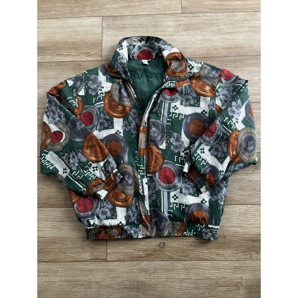 Vintage COACO Silk Bomber Jacket Green Medallion Floral Print Full‎ Zip Lined